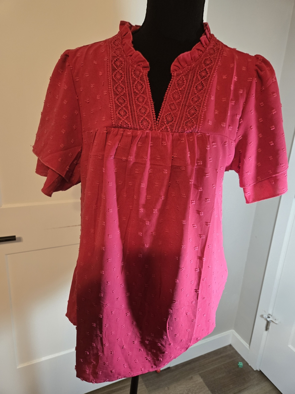 NWT Falechay Red Swiss Dot Ruffle Neck Embroidered Boho Blouse Top Medium M